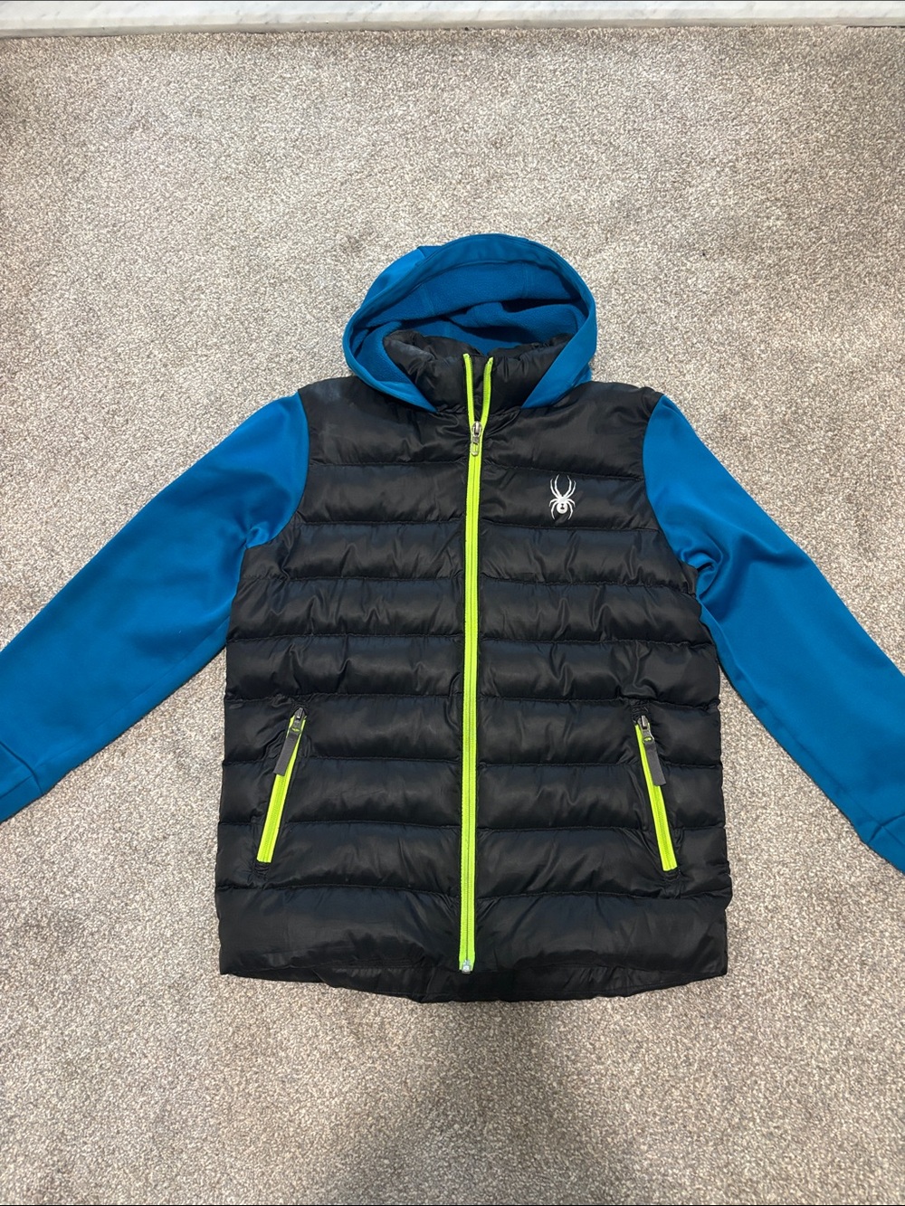 Spyder Black, Blue & Lime Hooded Puffer Jacket - Kids